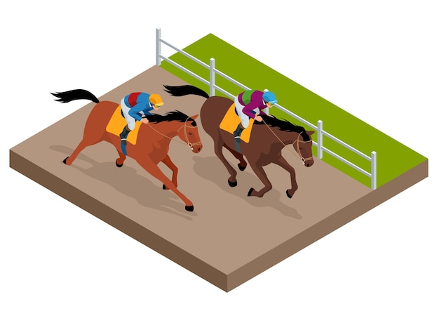 Isometrische galopperende racepaarden in racecompetitie die met elkaar concurreren. vector illustratie. paardensport. harnas racen op het hippodrome.