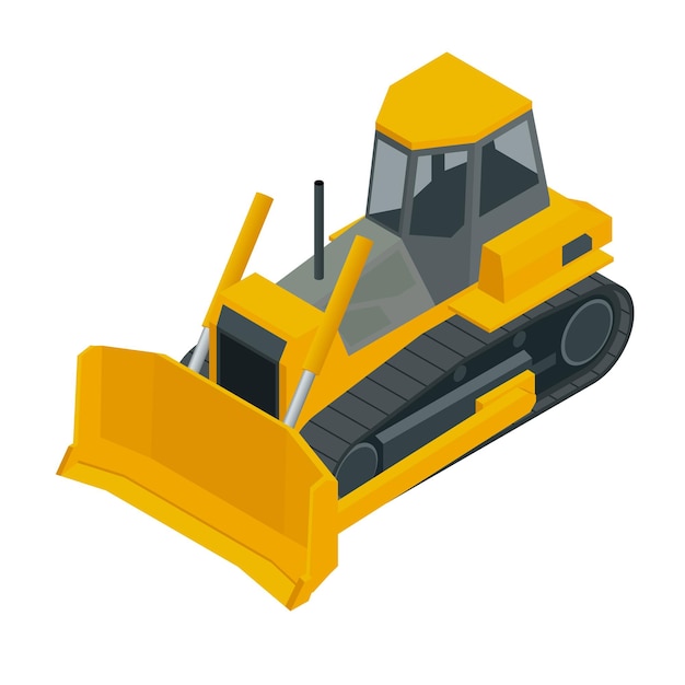 Isometrische gele bulldozer graafmachine, geïsoleerd op een witte achtergrond. vector illustratie bulldozer pictogram op bouwplaats