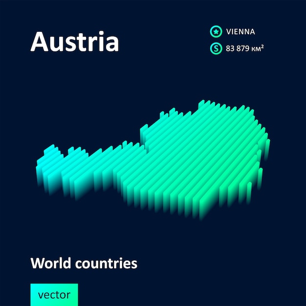 Isometrische gestreepte vector 3D-kaart van Oostenrijk is in groene kleuren op de donkerblauwe achtergrond