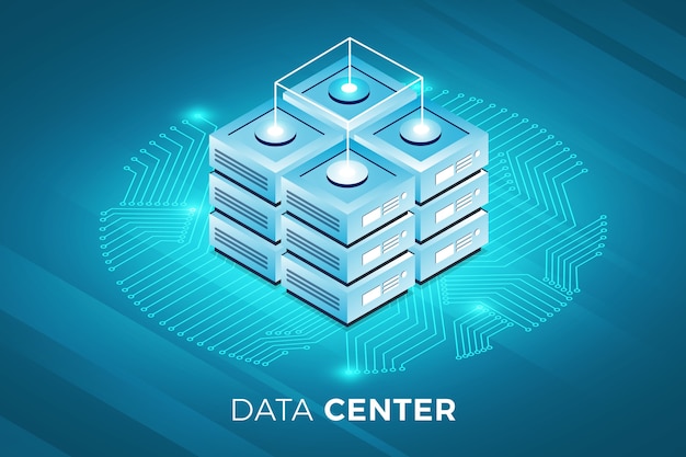 Isometrische illustraties ontwerpconcept technologie-oplossing bovenop met big data-server