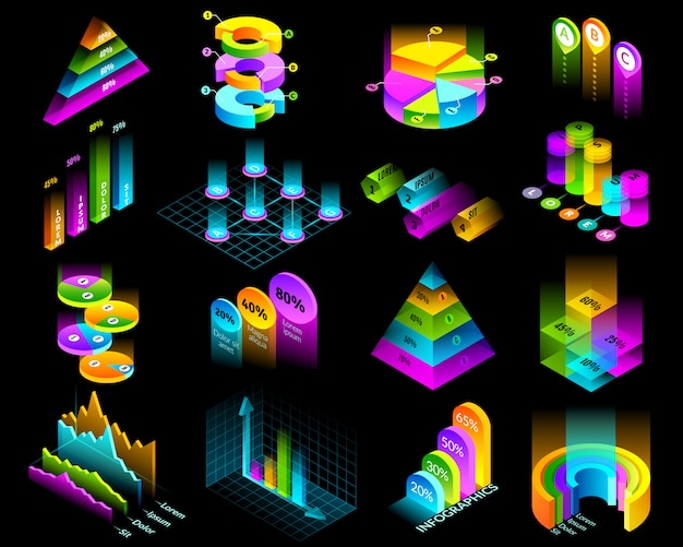 Vector isometrische infographic lichtgevende elementen instellen. set van zestien isometrische geïsoleerde elementen voor het bouwen van infographics. presentatiegrafieken en grafieken op zwarte achtergrond in fluorescerende kleuren