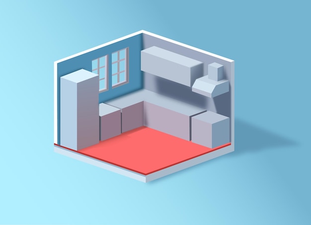 Isometrische integrale keuken mockup ontwerp op blauwe achtergrond 3d keuken vectorillustratie