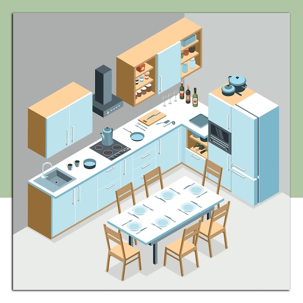 Isometrische interieurcompositie van de keuken