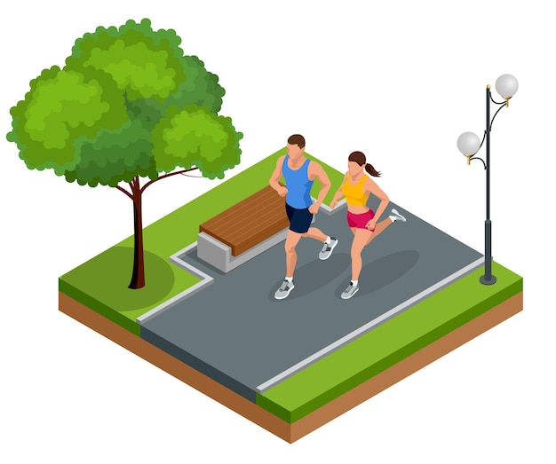 Isometrische jonge vrouw en man lopers lopen op een stadspark. Sportieve mensen trainen in een stedelijk gebied, gezonde levensstijl en sportconcepten. Zomer. vector illustratie