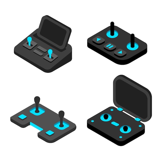 Isometrische joystick set Zwarte controllers met blauwe neon gloeiende elementen gamepads voor console videogames Draadloze apparaten verschillende vormen met knoppen Cartoon platte stijl illustratie