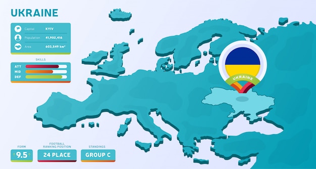 Isometrische kaart van Europa met gemarkeerde land Oekraïne