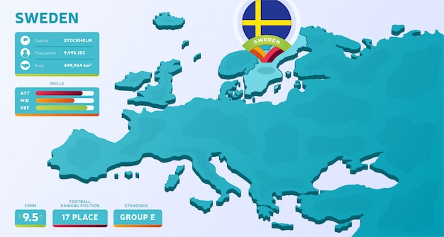 Isometrische kaart van Europa met gemarkeerde land Zweden