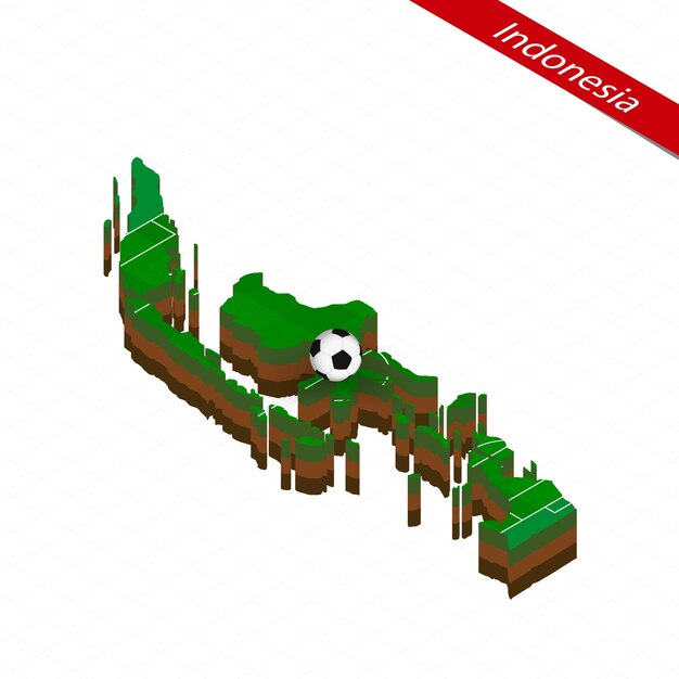 Isometrische kaart van indonesië met voetbalveld voetbalbal in het midden van het voetbalveld vector voetbalillustratie