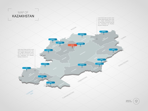 Isometrische kaart van kazachstan. gestileerde kaartillustratie met steden, grenzen, kapitaal, administratieve afdelingen en wijzertekens; verloop achtergrond met raster.