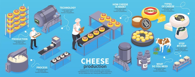 Vector isometrische kaasproductie-infographics