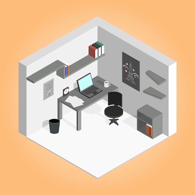 Isometrische kamer de werkplek in vectorillustraties met interieurdecoratie