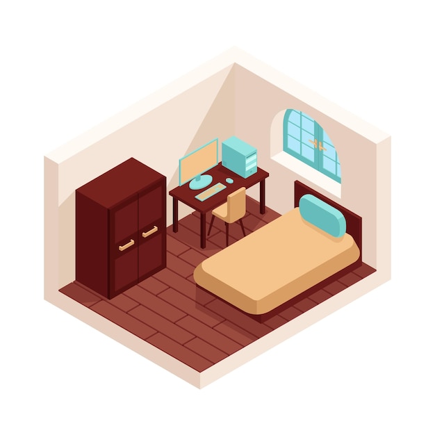 Isometrische kamer met een bed, een kledingkast en een plek om achter een computer te werken