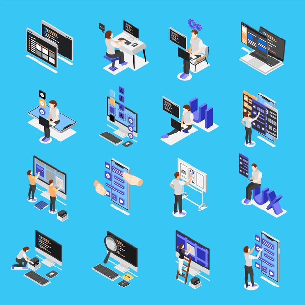 Isometrische kleurenset van mensen die werken als ontwerpers in verschillende gebieden geïsoleerd