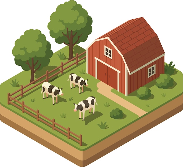 Isometrische koeienboerderij met stallen, hekken en bomen