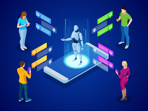 Isometrische kunstmatige intelligentie. AI en zakelijk IOT-concept. Mannen en vrouwen chatten met chatbot-applicatie.