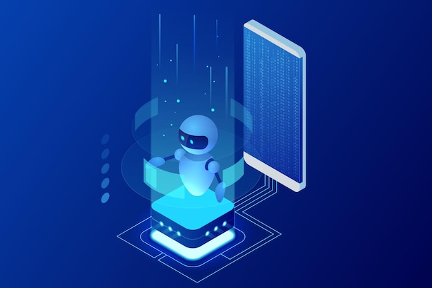 Isometrische kunstmatige intelligentie. Chatbot en toekomstige marketing. AI en zakelijk IOT-concept. Dialoog-helpservice. Vector illustratie.