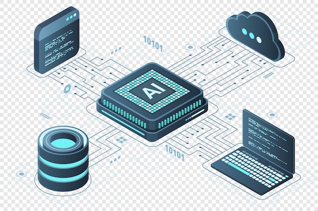 Vector isometrische kunstmatige intelligentie chip concept kunstmatige intelligentie server futuristische microchip processor isometrische cloud computing vector illustratie