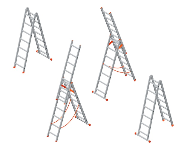 Vector isometrische ladder. set van verschillende ladders op de witte achtergrond.