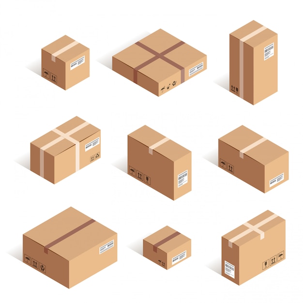 Isometrische levering kartonnen doos set geïsoleerd