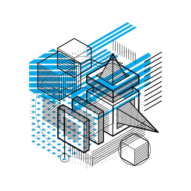 Isometrische lineaire abstract vector achtergrond, bekleed abstractie. kubussen, zeshoeken, vierkanten, rechthoeken en verschillende abstracte elementen.