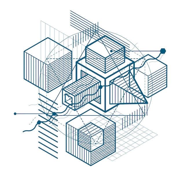 Isometrische lineaire abstracte vector achtergrond, gelijnde abstractie. Kubussen, zeshoeken, vierkanten, rechthoeken en verschillende abstracte elementen.
