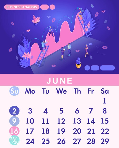 Isometrische maand juni van de ingestelde kalender van 2019. mensen werken, zakelijke analyse. concept het creëren van een bedrijfsstrategie.