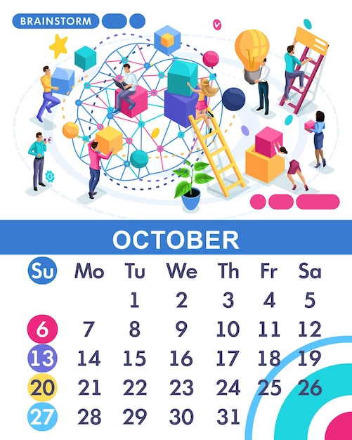 Vector isometrische maand oktober van de belangrijkste kalender van 2019. het concept van brainstorming, werknemers ontwikkelen een bedrijfsstrategie, het idee van ontwikkeling.