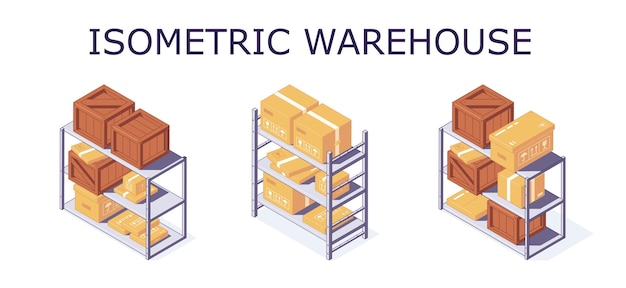 Isometrische magazijn dozen pallet plank en rek rekken illustratie