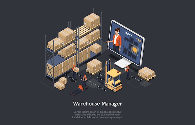 Isometrische magazijn online manager concept. Het proces van online samenstellingen voor magazijnbeheer, inclusief laden en lossen van vracht, voorraadsortering en opslag. Vector illustratie.