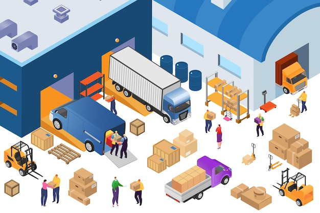 Vector isometrische magazijnopslag en industriële apparatuur 3d-logistieke hub vectorillustratie vorkheftruck met pallets met dozen pakhuisplanken