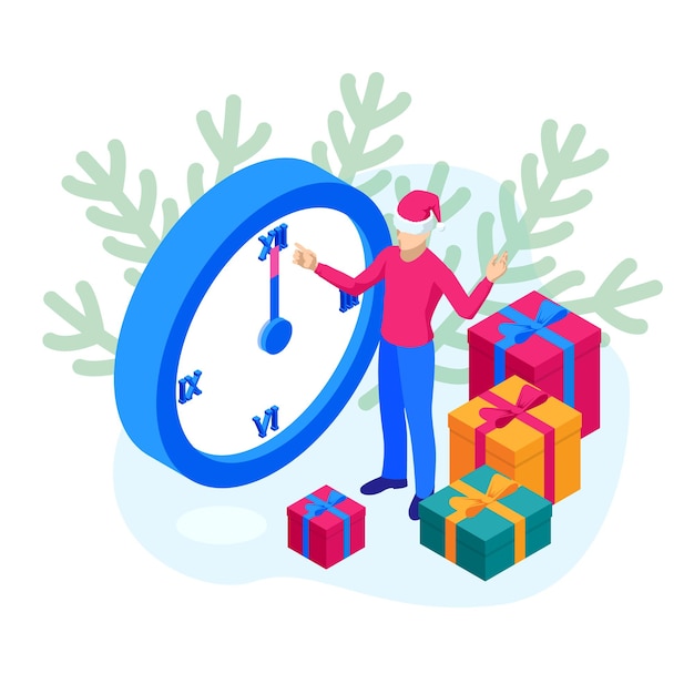 Isometrische man in een kerstmuts met geschenken op de achtergrond van uren. vector illustratie.