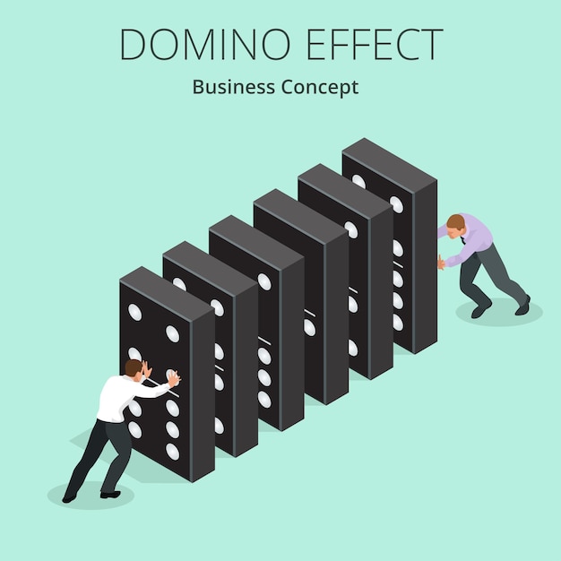 Isometrische Man Start domino-effect a en kettingreactie concept. Zakelijke metafoor. Zakelijke oplossing en het helpen van zakelijke thema's.