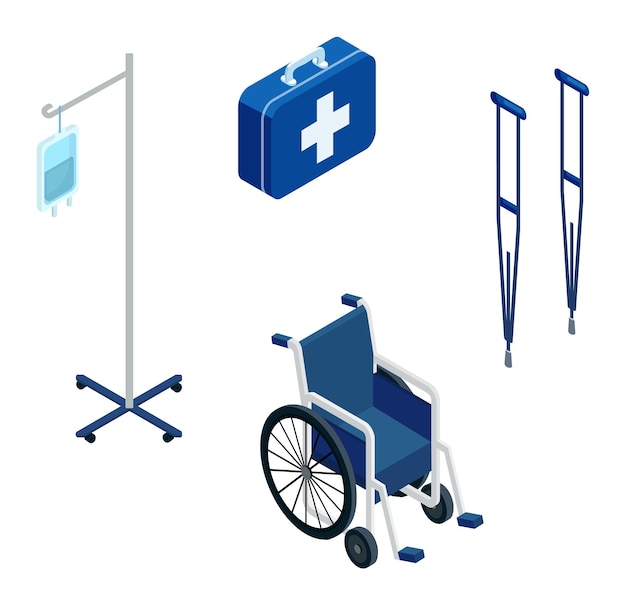 Vector isometrische medische apparatuur, waaronder rolstoel-infuus, ehbo-doos en krukken, gezondheidszorg en