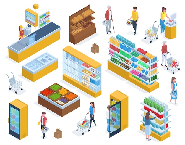 Isometrische mensen doen boodschappen, supermarktaankopen. Klanten die voedsel in de vectorillustratiereeks van de kruidenierswinkelmarkt kopen. Kruidenier of supermarkt winkelen