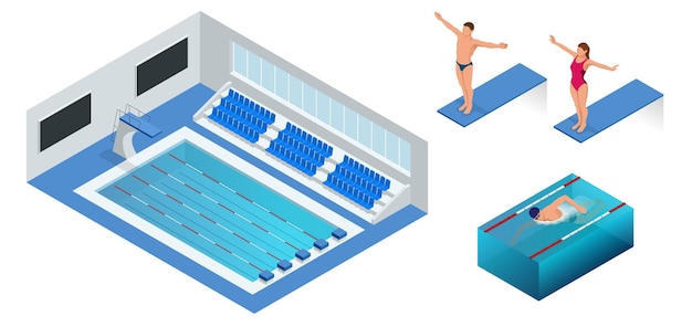 Isometrische mensen duiken in het water in het zwembad, duiker. Mannelijke zwemmer, die springt en duikt in een overdekt sportzwembad. Sportief mannetje.