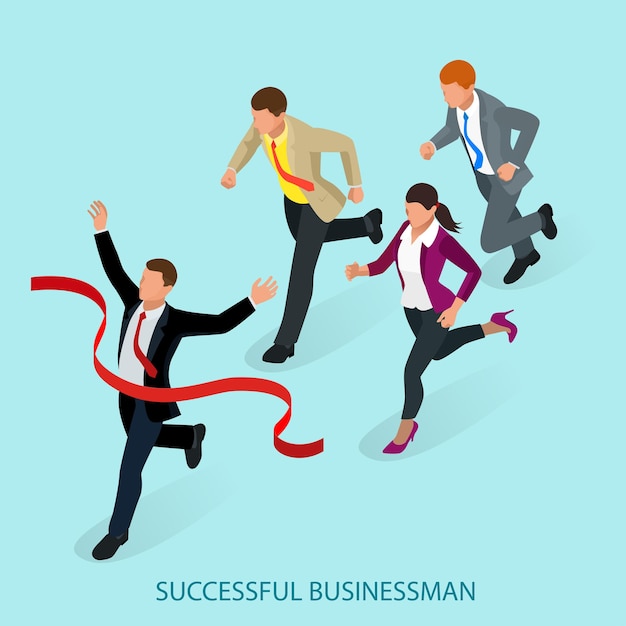 Isometrische mensen. ondernemer zakenman leider. zakenman en zijn business team overschrijden de finishlijn en scheuren rood lint als eerste in een marktrace. vlakke stijl vectorillustratie.