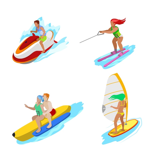 Isometrische mensen op wateractiviteit. vrouw surfer, waterskiën, man hydrocycle. vector 3d platte illustratie