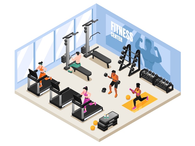 Isometrische met de hand getekende fitnesscompositie