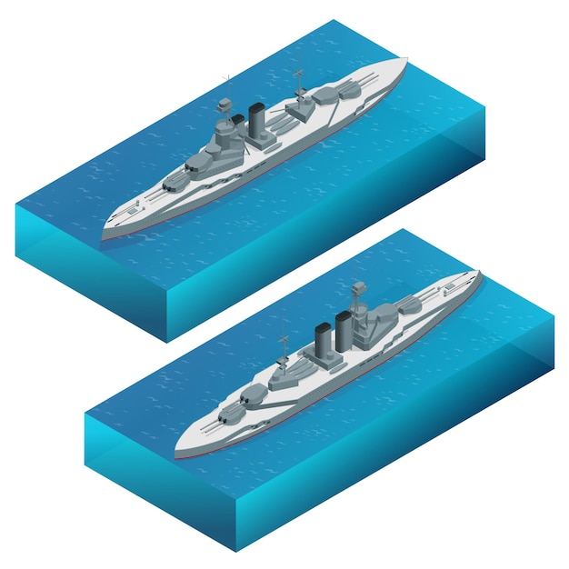 Isometrische militaire dreadnought oorlogsschip vectorillustratie. Marine gepantserde boot. Voor militair concept, infographics, pictogram, webdesign. Militair zeetransport.