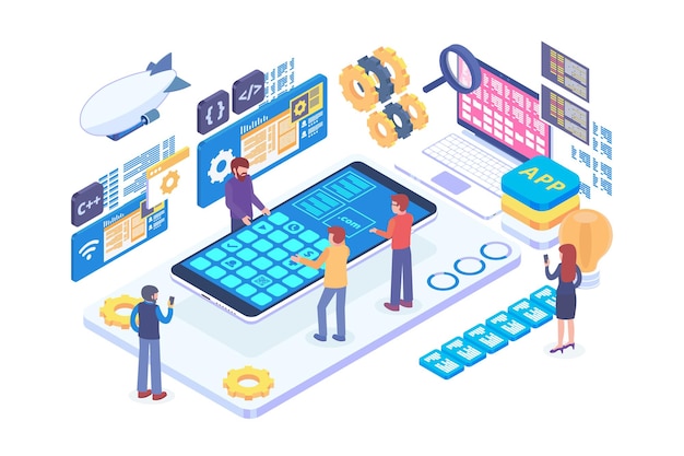 Isometrische mobiele apps ontwikkeling vector concept