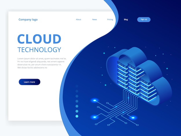 Isometrische moderne cloudtechnologie en netwerkconcept. Web cloud technologie bedrijf. Internet gegevensdiensten vectorillustratie.