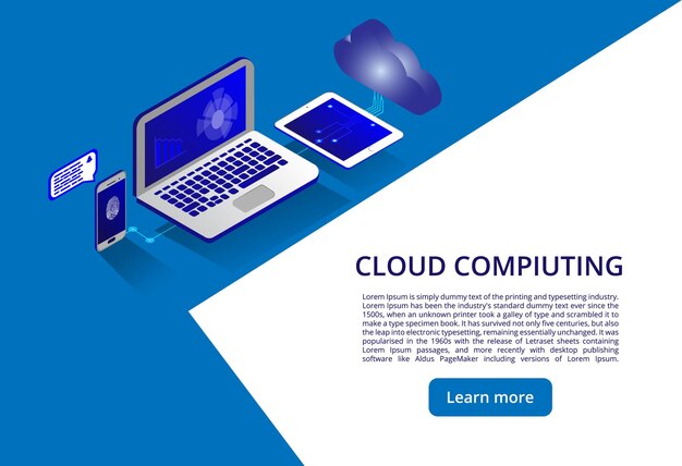 Isometrische moderne cloudtechnologie en netwerkconcept Webcloudtechnologiebedrijf Cloud