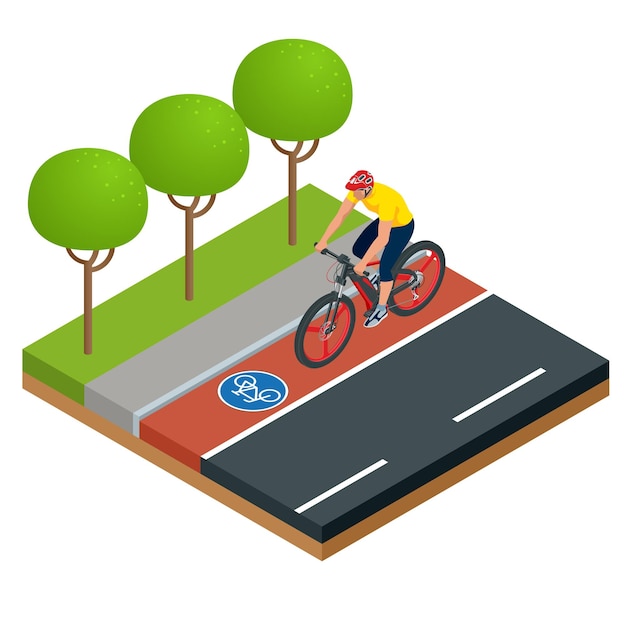 Isometrische moderne elektrische fiets pictogrammen Een man rijdt op een elektrische fiets in een stad Ebike Urban eco transport design concept