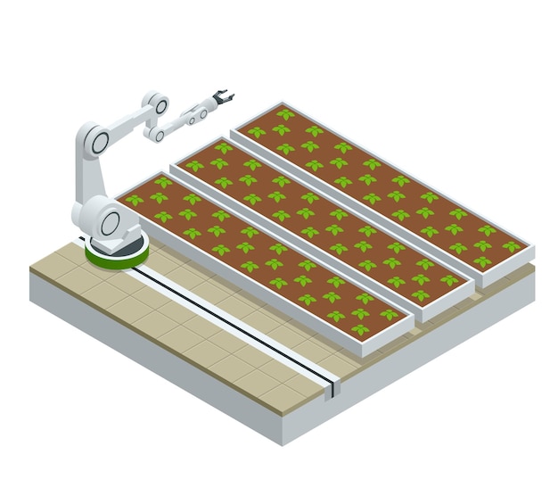 Isometrische moderne slimme industriële kas. robots met kunstmatige intelligentie in de landbouw. biologisch voedsel, landbouw en hydrocultuur concept.