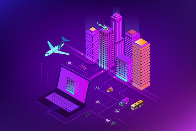 Isometrische moderne stad. Concept websitesjabloon. Slimme stad met slimme diensten en iconen, internet of things, netwerken en augmented reality concept.