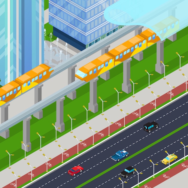 Isometrische monorail trein in moderne stad met wolkenkrabbers. 3d-vlakke afbeelding