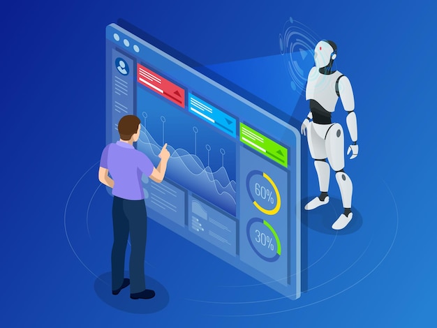 Isometrische onderhoudstechnicus werken met digitaal display. Robot programmeerconcept. Horizontale banner met kunstmatige intelligentie. vector illustratie