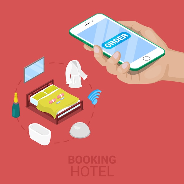 Isometrische online boeking Hotelconcept met mobiel. Vector 3d platte illustratie