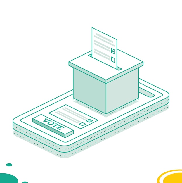 Vector isometrische online stemming en verkiezingsconcept met behulp van de smartphone smartphone met stem op het scherm mensen stemmen online met behulp van een mobiele app om hun kandidaat te kiezen