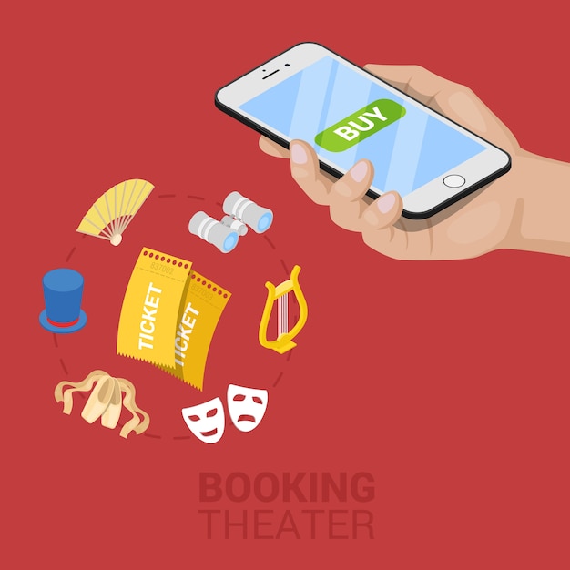 Isometrische online theaterticket boeken met mobiel. Vector 3d platte illustratie